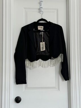 Savanna Jane Black Cropped Blazer with Silver Chain Fringe